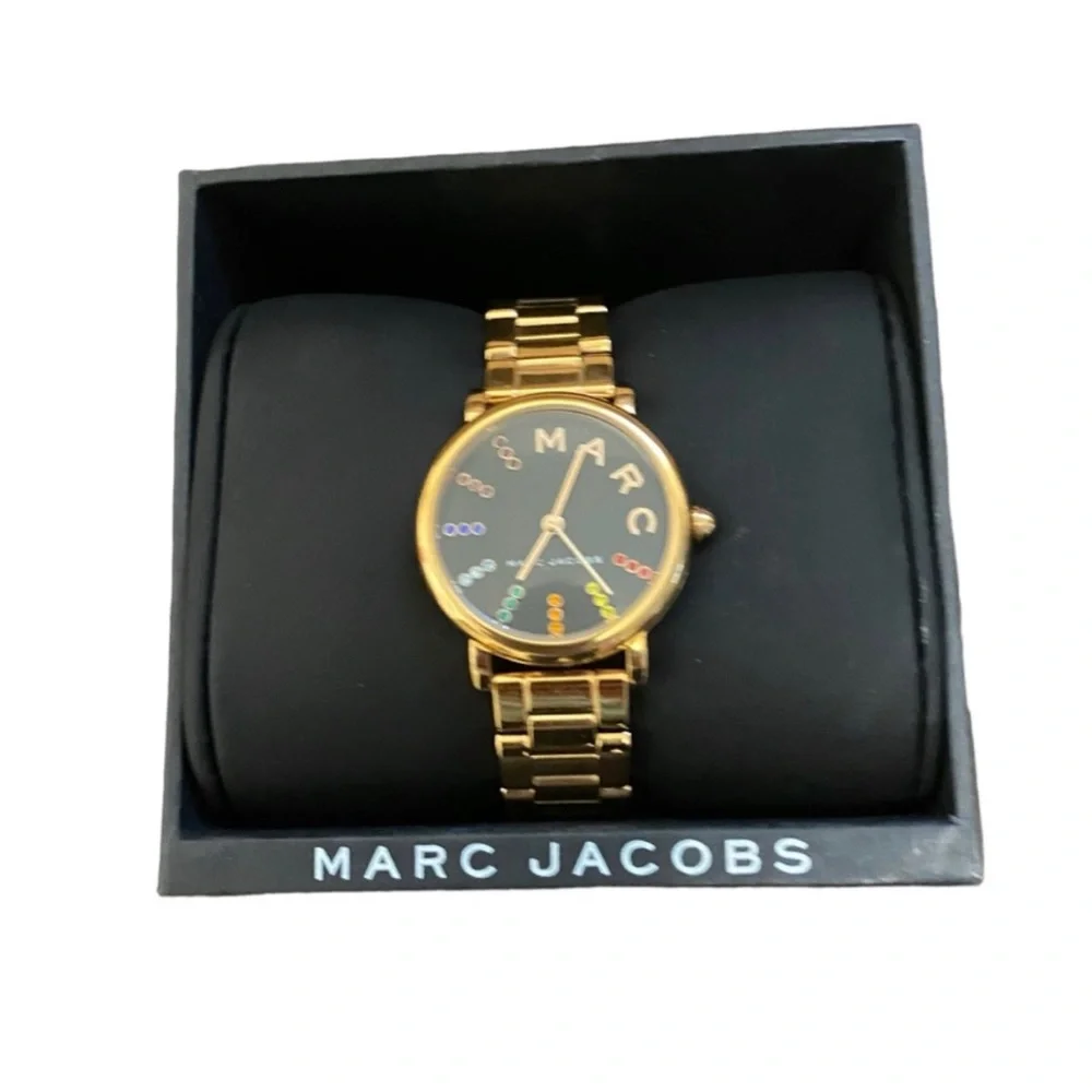 Marc by Marc Jacobs Womens Classic Rainbow Crystal Black Dial Gold Tone Watch